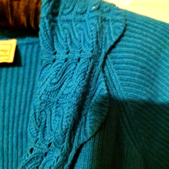🐦Glorious Vtg 80's Rich Turquoise Crochet Woven Bell Sleeve Cardigan Sweater -S - Picture 8 of 16